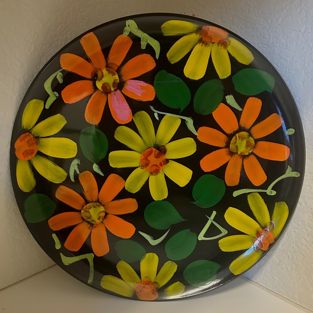 Vintage 1960s Japan MCM Round 13" Tray / Platter Hand Painted Flower Power - Picture 3 of 7